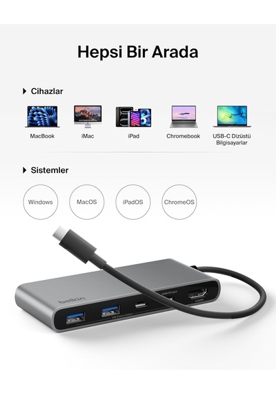 Belkin Avc023 7in1 100w Usb-c Multiport Hub 2x Usb-c , 2x Usb-a , 1x Hdmı 4k 60hz , Sd&micro Sd Card Reader - Uzay Grisi