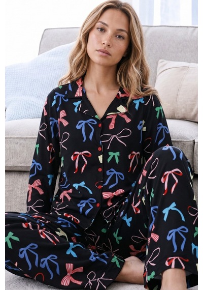 Siyah İnci Desenli Termal Kumaşlı Ultra Soft Yumuşak Düğmeli Örme Pijama Takımı 26226104 Siyah