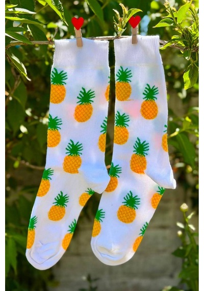 Lousocks Unisex Ananas Desenli Beyaz Soket Çorap