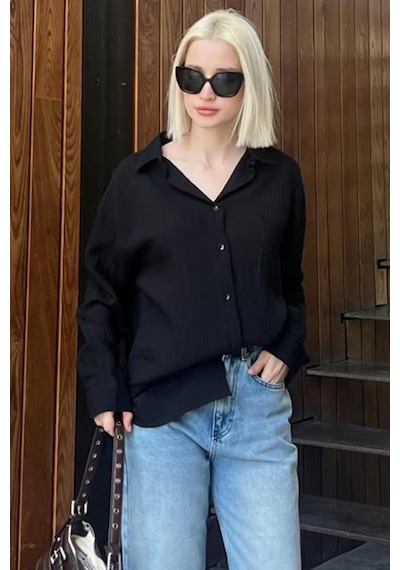 Madmext Siyah Uzun Kollu Çizgili Oversize Gömlek Mg2080-siyah Siyah