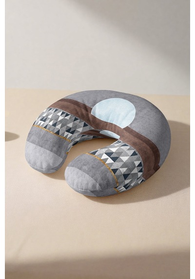 Geometrik Modern Gri Boyun Yastığı - Minimal Tarz Açık Mavi Krem Seyahat Yastığı Pastel Adaçayı Kehribar