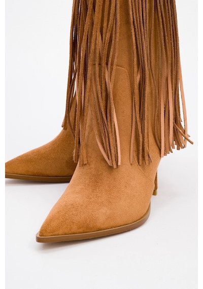 Luvishoes Luvi Shoes Gueras Taba Süet Püsküllü Sivri Burun Kadın Topuklu Çizme Taba