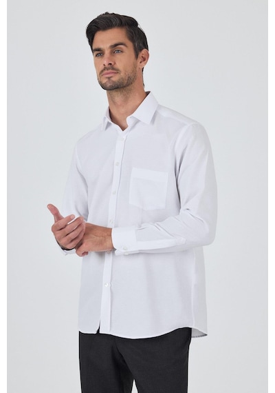 İmza Uzun Kol Desenli Armürlü Sert Yaka Cepli Pamuklu Classic Comfort Fit Gömlek 1004250187 Beyaz