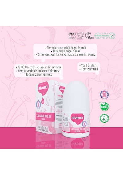 Siveno %100 Doğal Roll On Kadın Deodorant Ter Kokusu Önleyici Bitkisel Leke Bırakmayan Vegan 50 ML