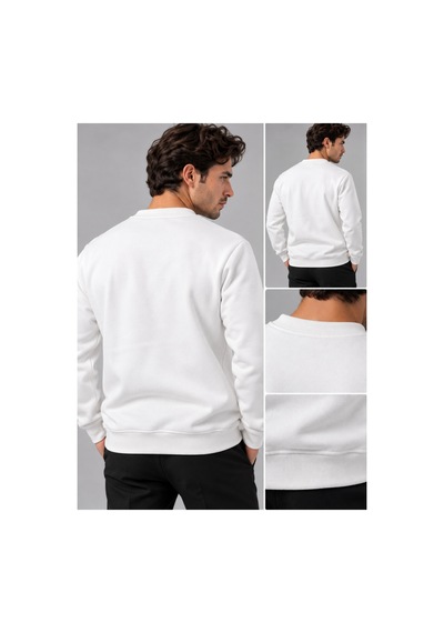 Hk Premium Sweatshirt Bisiklet Yaka Hk Premium Logolu Erkek Basic Beyaz
