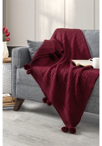Ponponlu Triko Örme Tv Battaniyesi Koltuk & Omuz Şalı & Diz Battaniyesi 130x170 Cm-bordo Bordo