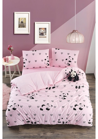 Valezium Pembe Panda Çift Kişilik Nevresim Seti 200x220 Nevresim Kılıfı & 2 Adet Yastık Kılıfı Pembe