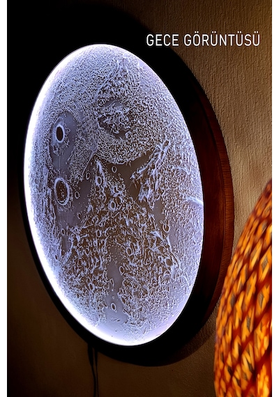 Koyu Ceviz Renk Ahşap Çerçeveli Ay Tablo, Rgb Led Işıklı Bluetooth Kontrollü Duvar Dekoru