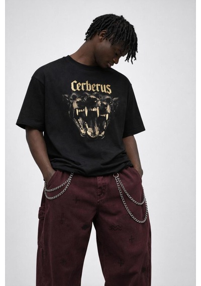 Yolo Street Cerberus Baskılı Oversize Siyah Tişört %100 Pamuk Unisex Streetwear Siyah