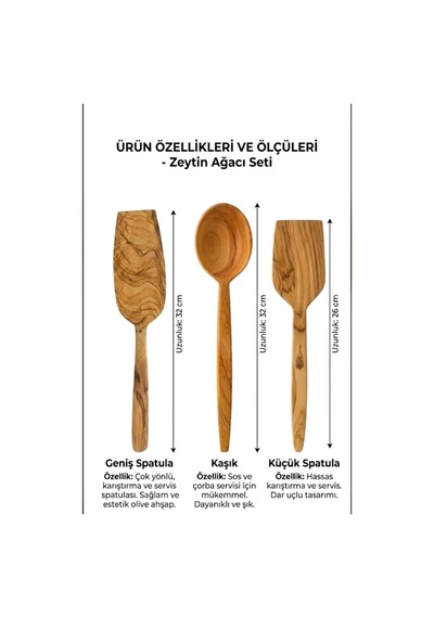 Kamptek Ahşap Zeytin Ağacı 3'lü Mutfak Seti - El Yapımı Doğal Spatula Ve Kaşık Seti Ahşap
