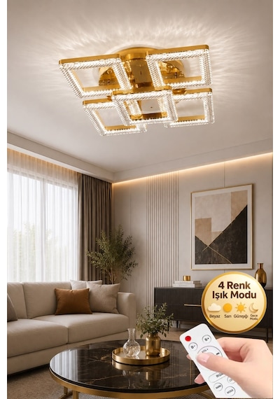 LumiaLighting Yakamoz Model 5"li Gold 3 Renk Modu Ledli Modern Tavana Sıfır Salon Mutfak Çocuk Yatak Odası Led Avize Altın