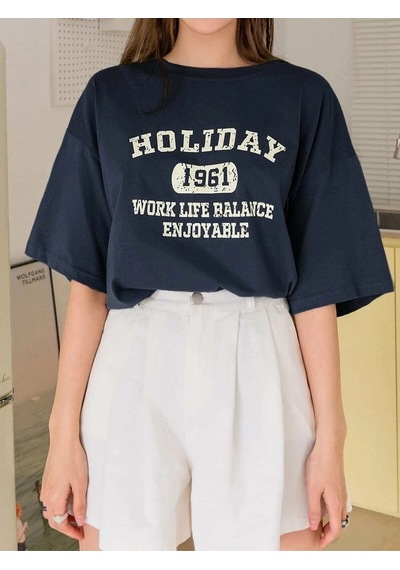 Flood Of Style Kadın Lacivert Holiday 1961 Baskılı Oversize T-shirt
