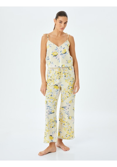 Koton V Yaka İnce Askılı Limon Baskılı Pamuklu Pijama Üstü Ekru Desenli 5slk90012mw Ekru Desenli