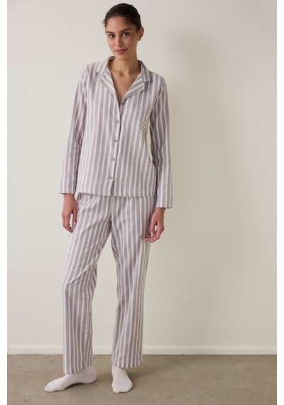 Penti Bej Çizgili Uzun Kollu Pamuklu Gömlek Pantolon Pijama Takımı Bg96