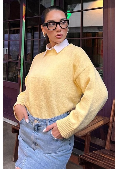 Madmext Sarı Bisiklet Yaka Oversize Triko Kazak Mg1972 Sarı