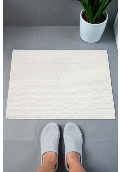 Tuğla Desenli 2li Ayak Havlusu - 50x70 Cm - Su Emici Banyo Paspası Seti - Beyaz Beyaz