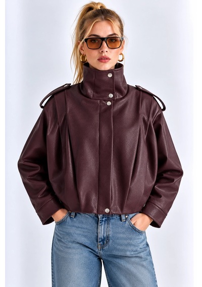 Mevese Kadın Siyah Dik Yaka Apolet Detaylı Çıtçıtlı Oversize Astarlı Suni Deri Ceket- Bordo Mevese Kadın Siyah Dik Yaka Apolet Detaylı Çıtçıtlı Oversize Astarlı Suni Deri Ceket- Bordo