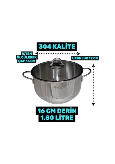 16 Cm Cam Kapaklı Derin Çelik Tencere