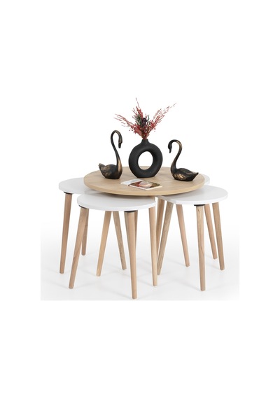 Orta Sehpa / Sehpa Seti / Sehpa Takımı / 5 Parça / Flora Pissa Meşe-beyaz