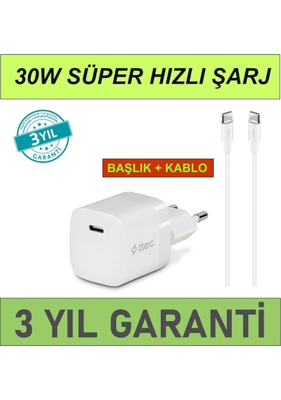 Smartcharger 30w Pd Başlık + Usb-c Kablo Apple Uyumlu iPhone 15 16 17 Pro Max Şarj Aleti Hızlı Ve Güvenli