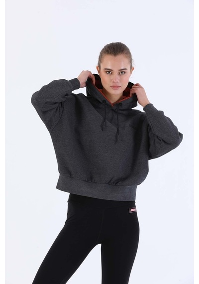 Maraton Sportswear Oversize Kadın Kapşonlu Uzun Kol Basic Siyah Melanj Sweatshirt 20335-siyah Melanj