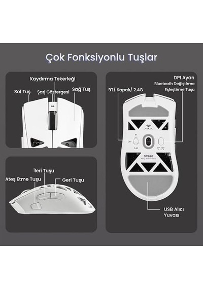 Aula Sc620 Paw3311 Sensör 12000 Dpı 1000hz Kablolu Ve Kablosuz Gaming Oyuncu Mouse Beyaz