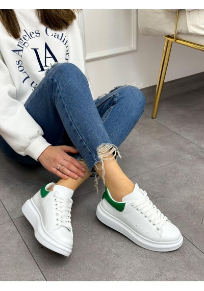 Erva'nın Butiği Beyaz Yeşil Queen Kadın Bağcıklı Sneakers-5024 Beyaz Yeşil Cilt
