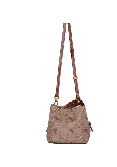 Levidor Monogram Baskılı Örme Kulp Detaylı Küçük Boy Kadın El Çantası Camel