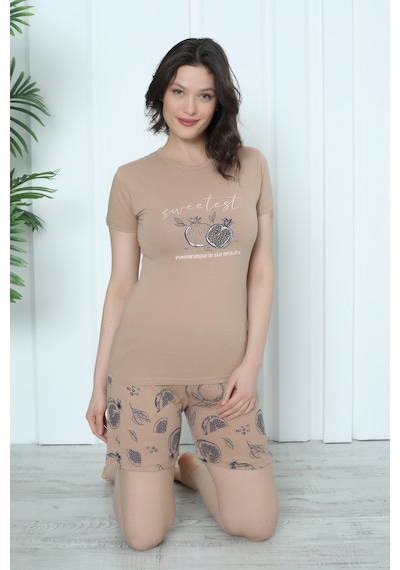 Wordex Mr 4300 Pamuklu Kısa Kollu Şortlu Penye Takım Pijama Takımı Nar Desenli Vizon