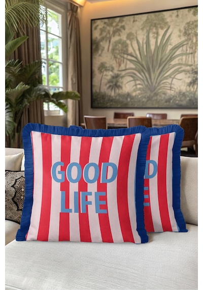 Pop Art Good Vibes Saçaklı Yastık Kılıfı - Lacivert Retro Kırmızı Mavi Püsküllü Kırlent Kılıfı Sakin Vadi Mira