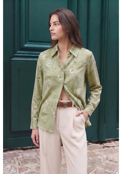 Sateen Çizgi Ve Çiçek Desenli Gömlek - Haki-137459