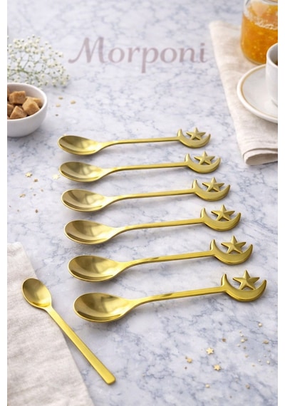 Qerhome 6'lı Elegance Serisi Çay & Kahve Kaşığı Gold Ay-yıldız Model Altın