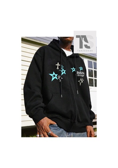 Tarzsokak Chicago Star Sembol Sweatshirt Fermuarlı Hırka Siyah