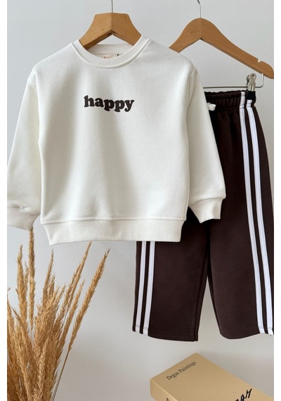 Zuzunga Unisex Çocuk Happy Yazı Baskılı Sweatshirt Ve Şerit Detaylı Bol Paça Eşofman Takımı BEYAZ