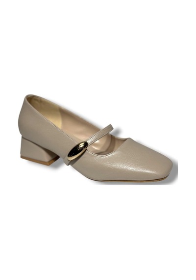 Cshoes 175-26 Cilt Deri Bantlı Kısa Kare Topuklu Kadın Ayakkabı Bej