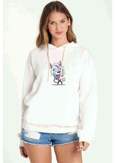 Kiss Cat Technology Baskılı Beyaz Kadın Kapşonlu Sweatshirt