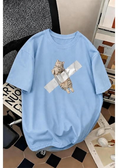 Pop Art Tarzı "bantlanmış Kedi" Desenli Pamuklu Rahat Unisex Tişört Turkuaz