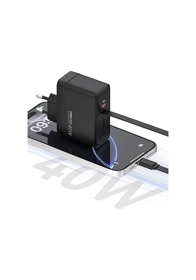 Gan Teknolojili Hızlı Şarj Başlığı Recci Rc102e Usb-a To Type-c Pd 40w Type-c Kablolu Şarj Set Siyah