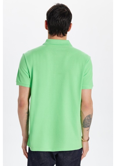 Tudors Erkek Slim Fit Dar Kesim %100 Pamuk Yeşil Polo Yaka Tişört-32766 Yosun Yeşili