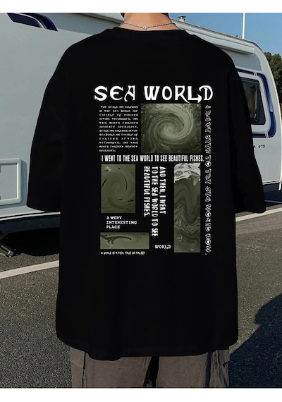 Kadın Siyah Oversize %100 Pamuk Sea World Baskılı T-shirt Siyah