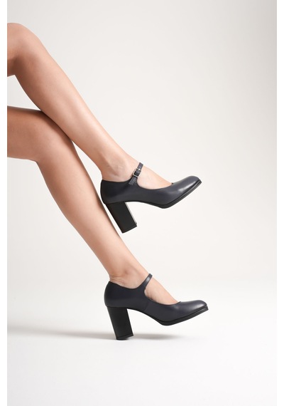 Analin Shoes Kadın Hakiki Deri Bantlı Topuklu Ayakkabı Lacivert