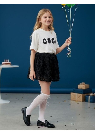 Zekids Kız Çocuk Tasarım Çiçek İşlemeli Etekli Takım-16525 Beyaz Siyah