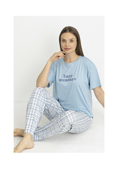 Estiva Kadın Kareli Alt Desenli Mavi Penye Lycra Kısa Kollu Pijama Takımı Çok renkli Estiva Kadın Kareli Alt Desenli Mavi Penye Lycra Kısa Kollu Pijama Takımı Çok renkli