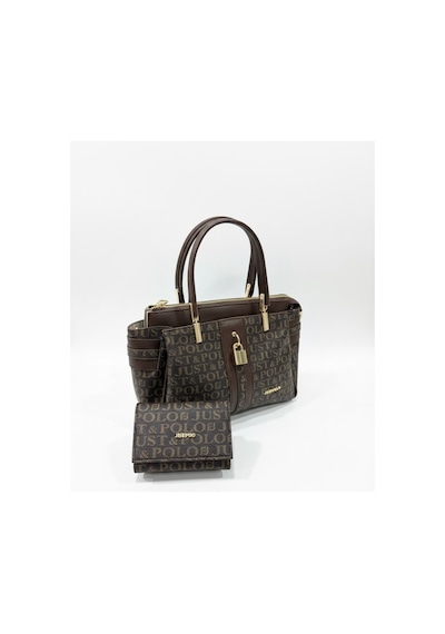 Just Polo Kadın Lüks El & Omuz Çantası Gold Detaylı Özel Tasarım Çanta Ve Uyumlu Cüzdan 22x28 Cm Kahverengi