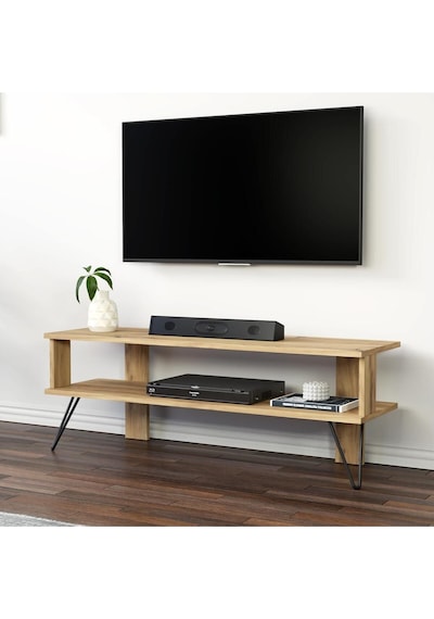 Duama TV Sehpası – Metal Ayaklı, Açık Raflı Tasarım, 120 cm, Antik Ceviz