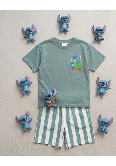Cg Kids Stitch Baskılı Erkek Çocuk Tshirt Şort Alt Üst Takım Sırt Baskı Detaylı Mint Yeşili Cg Kids Stitch Baskılı Erkek Çocuk Tshirt Şort Alt Üst Takım Sırt Baskı Detaylı Mint Yeşili