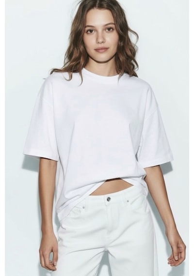 Feg Store %65 Pamuk Kadın Oversize Beyaz Fit Bisiklet Yaka T-shirt