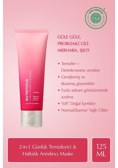 Estee Lauder Nutritious 2-in-1 Yüz Temizleme Köpüğü & Maske Gözenekler Yağ Kontrolü Doğal İçerikler 125 ML