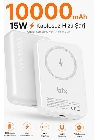 Exenar - Beyaz - İphone İle Uyumlu Magsafe Powerbank Kablosuz 15w Hızlı Şarj 20w Usb-c Hızlı Şarj Qi