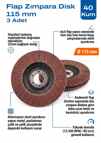 115 Mm Flap Zımpara Diski 40 Kum 3 Adet Açılı Metal Taşlama Ucu